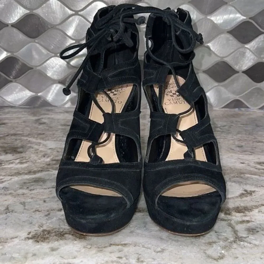 Vince Camuto Women Black Suede Lace-up Hight Block Heels Size 8